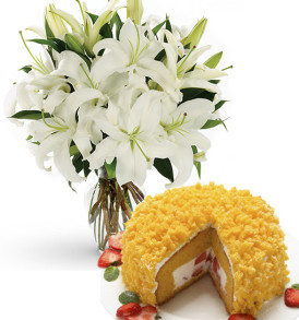 bouquet-di-gigli-bianchi-con-torta-mimosa