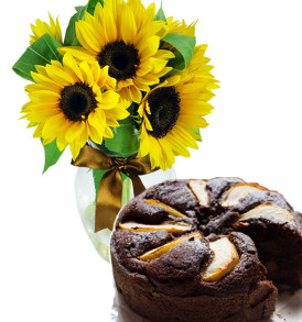 bouquet-di-girasoli-con-torta-cioccolato-e-pere